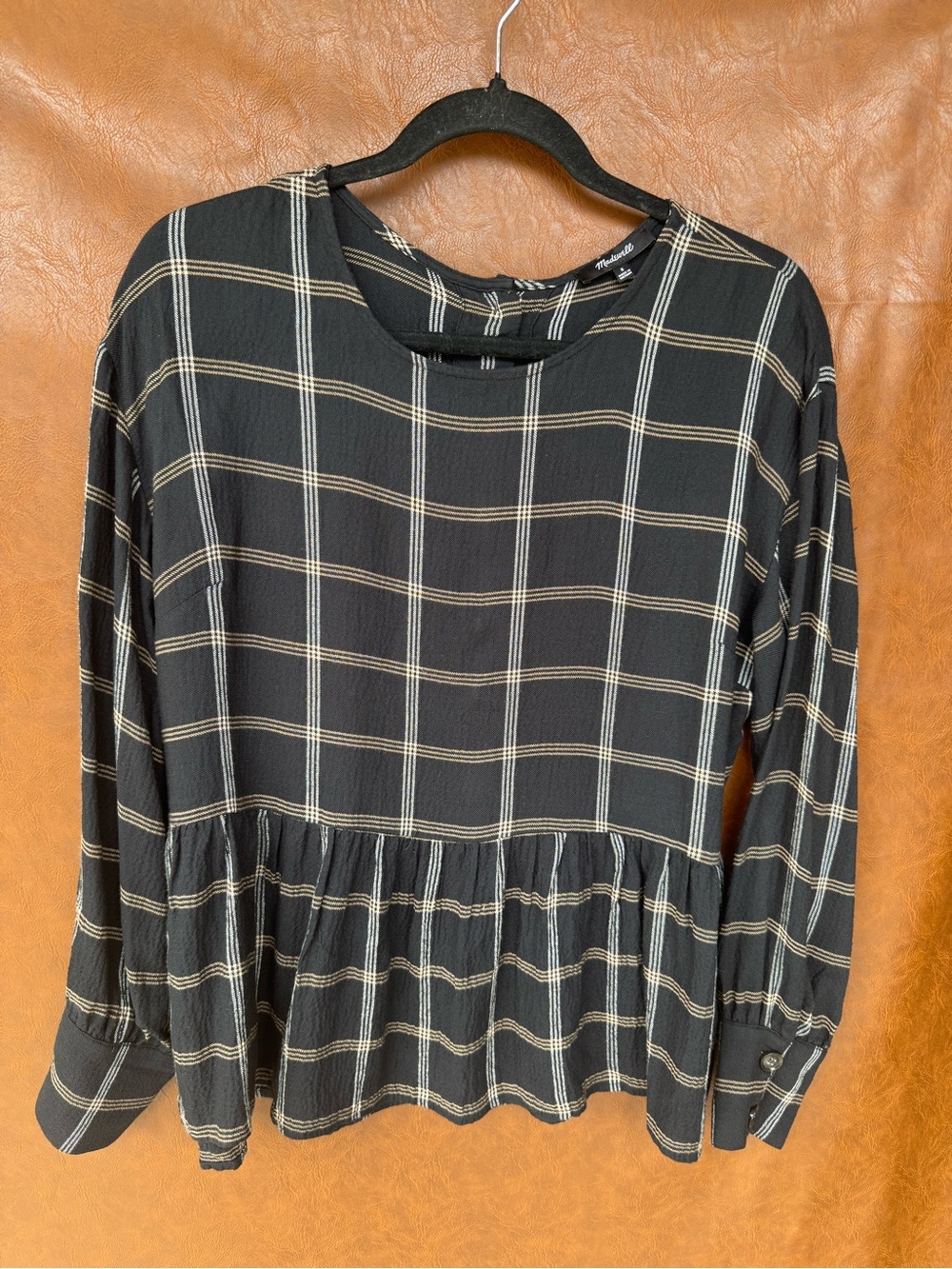 Madewell Women’s Small Black Plaid Peplum Top Button Back Long Sleeve Modal